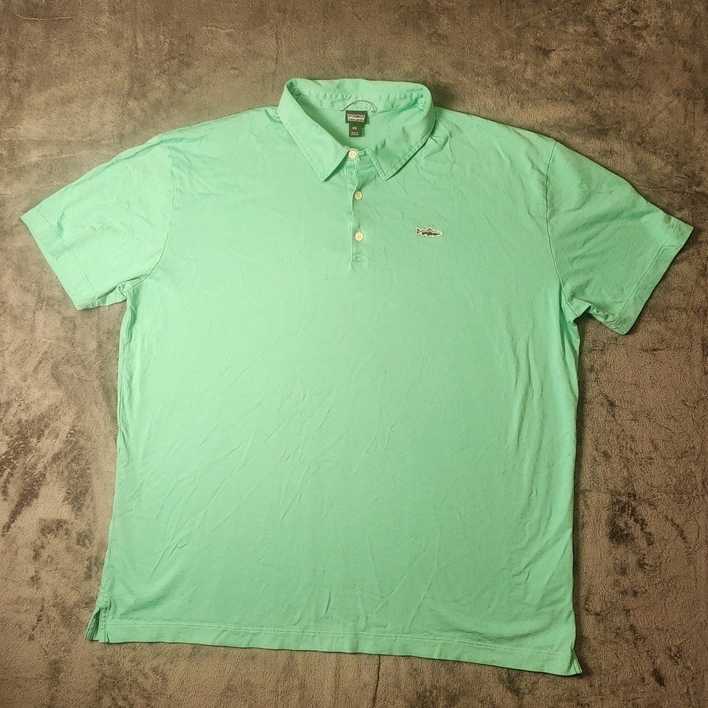 Patagonia Mens XXL Mint Green Polo Shirt Trout Fitz Roy Organic Cotton
